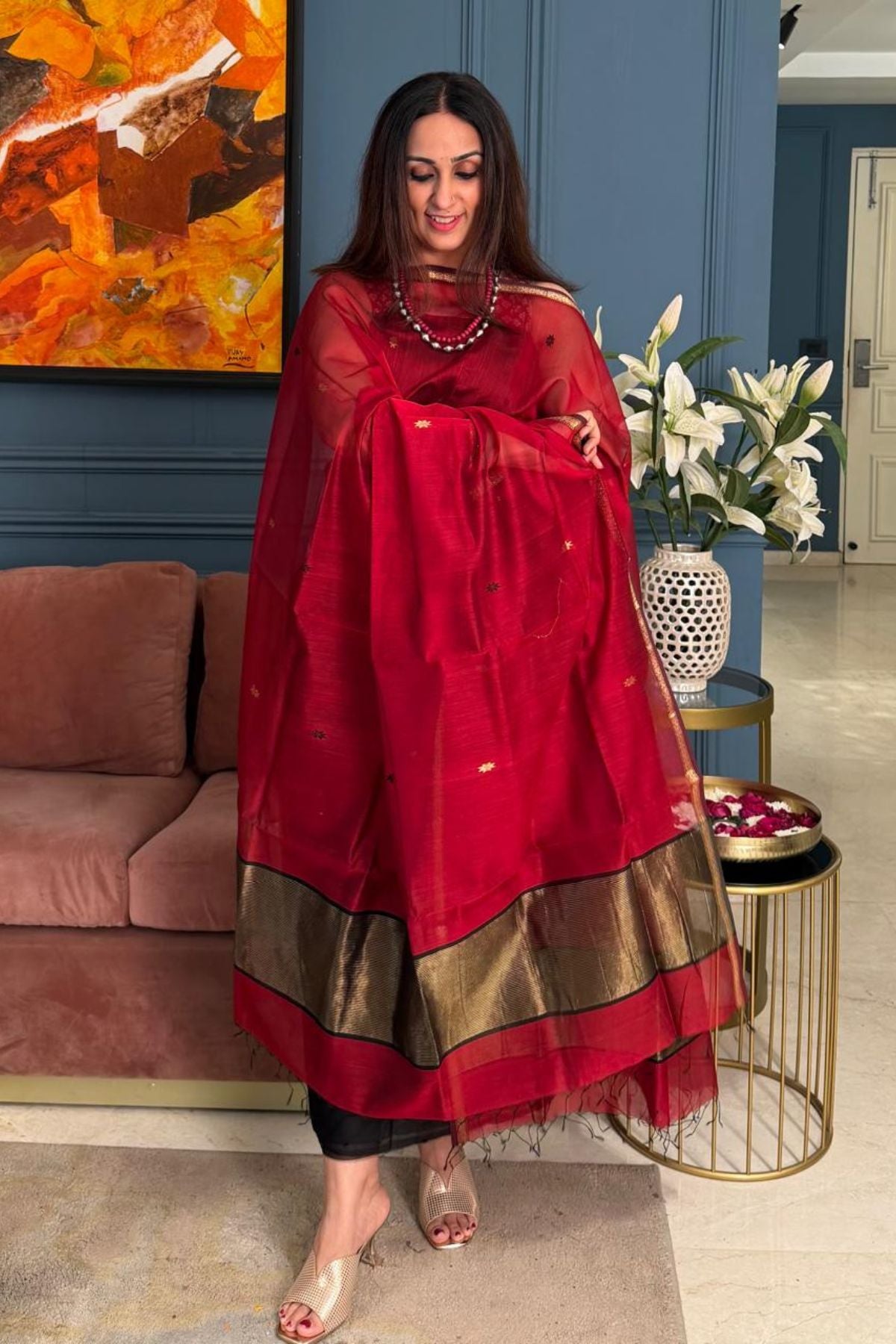 Maheshwari handloom silk by cotton kurta dupatta set